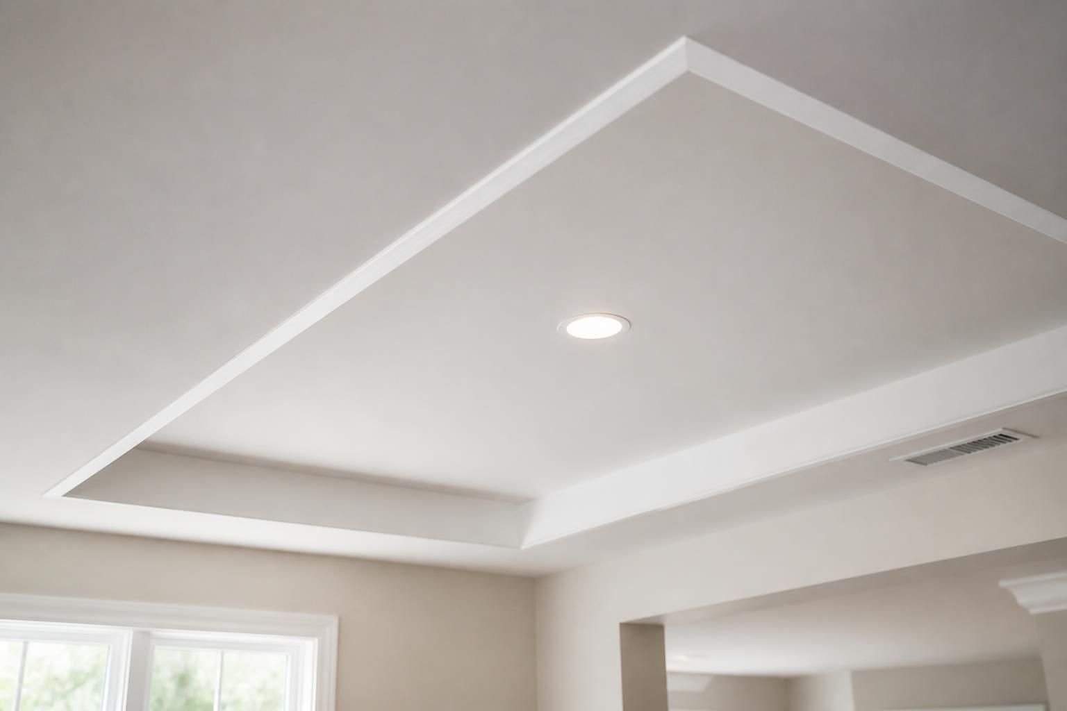 Freshly installed ceiling drywall in a bright interior.