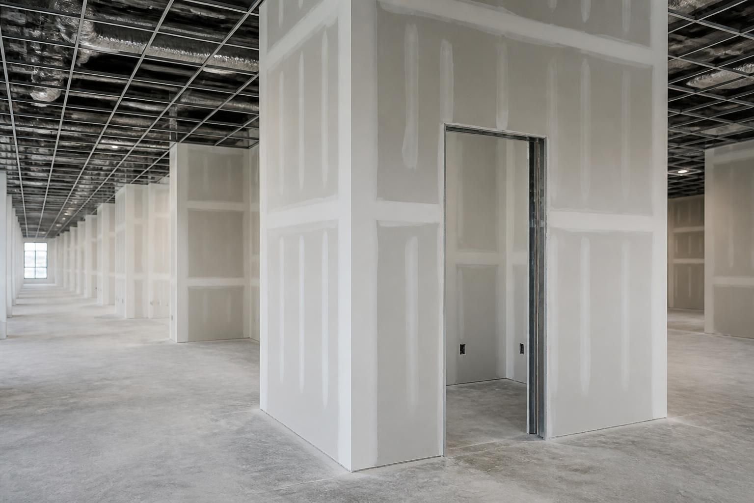 Large commercial interior with freshly installed drywall walls.