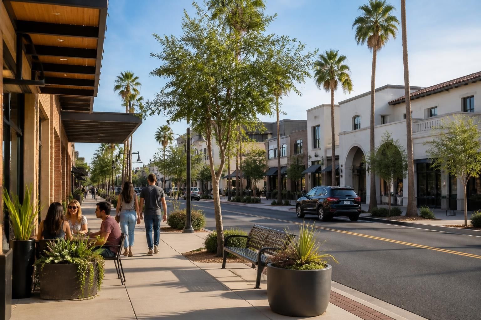 Downtown Mesa street scene with clean buildings and warm light.