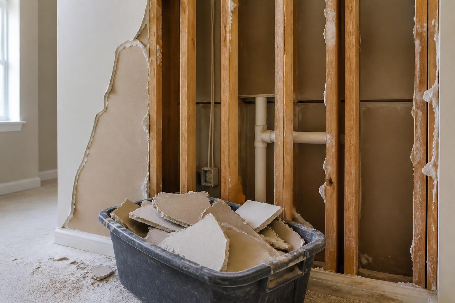 Controlled drywall demolition area with exposed framing.