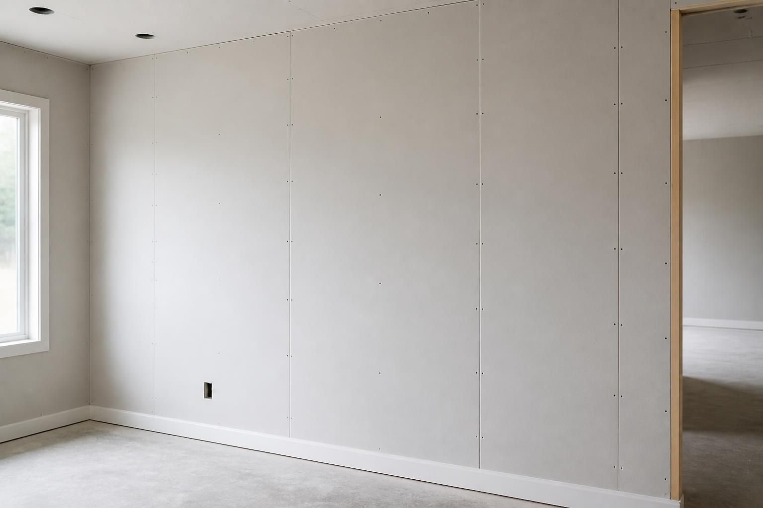 Newly installed drywall sheets in a clean interior construction space.