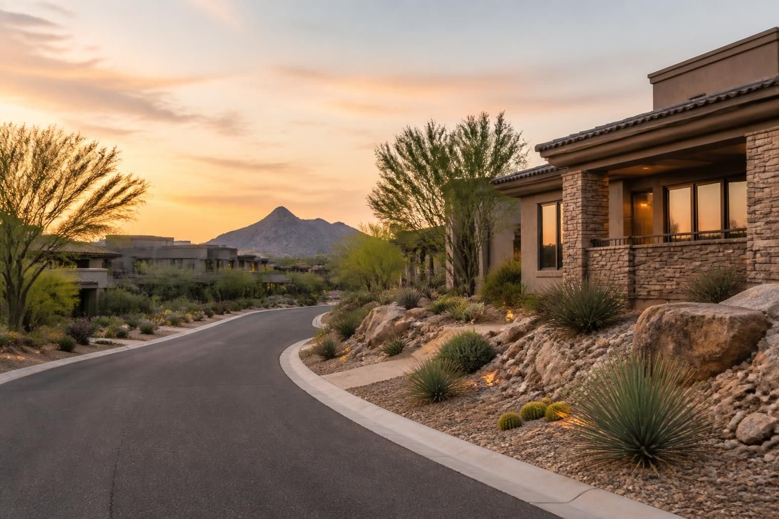 Las Sendas neighborhood with desert landscaping and modern homes.