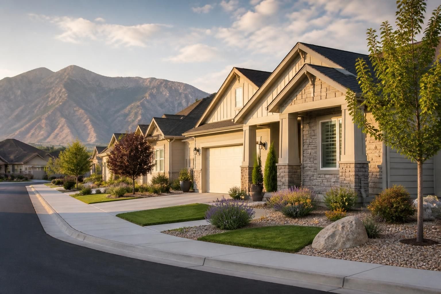 Lehi neighborhood with tidy homes and desert landscaping.