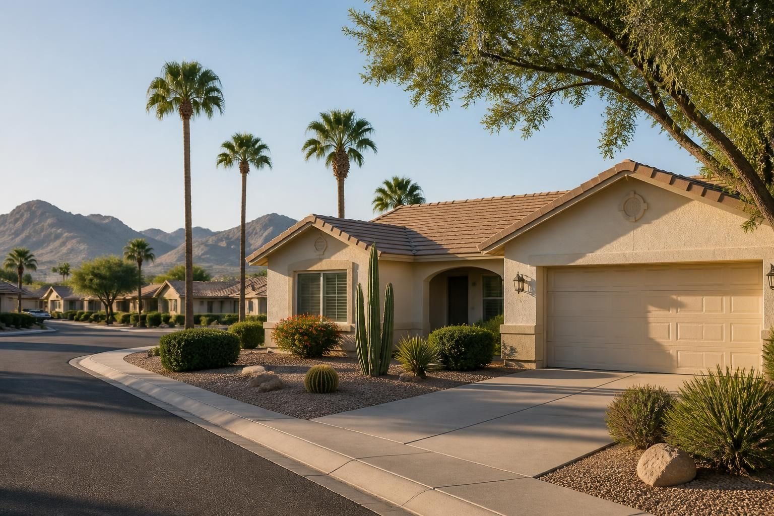 Sunland Village homes with desert plants and calm morning light.
