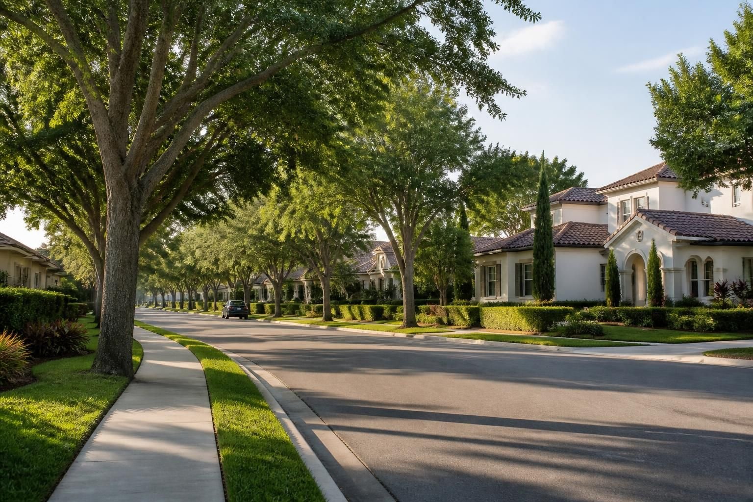 Tree-lined neighborhood streets in The Groves.